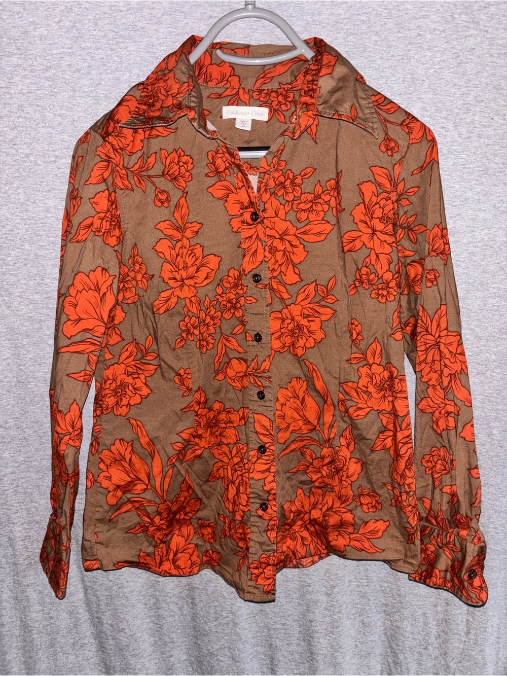 Coldwater Creek Brown Button-Down Shirt with Orange Floral Print